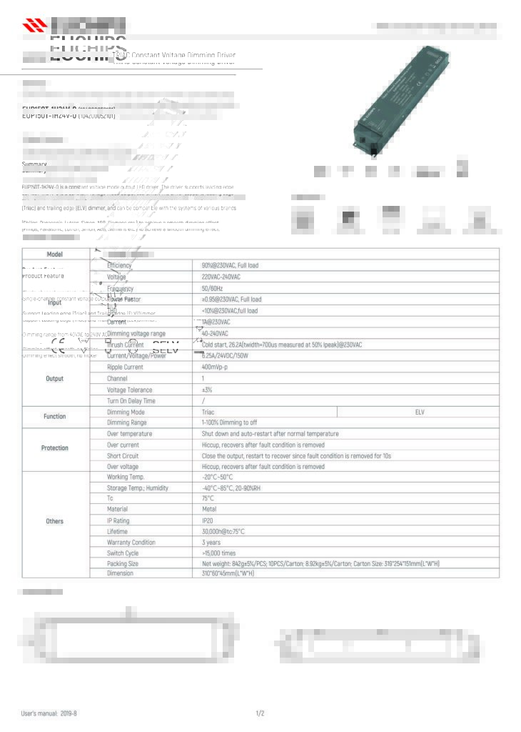 EUP150T-1H24V-0 triac constant voltage dimmable driver_Page_1