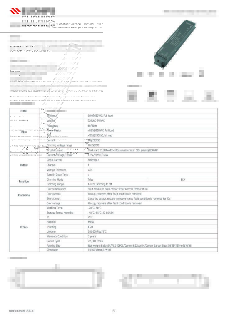 EUP150T-1H24V-0 triac constant voltage dimmable driver_Page_1